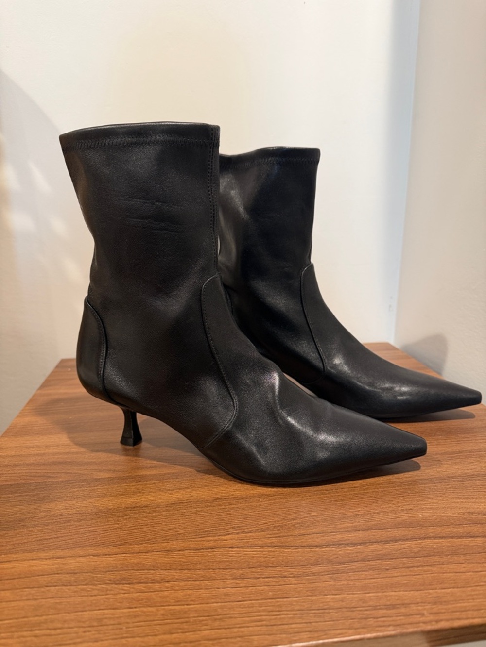 Stuart Weitzman Black Pointed-Toe Kitten Heel Ankle Boots